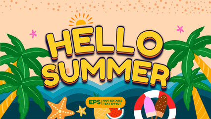 Hello summer text effect with summer background vector