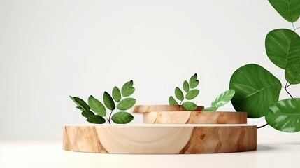 Wood podium with green leaves and natural stones, Background for cosmetic products of natural color, Generative Ai