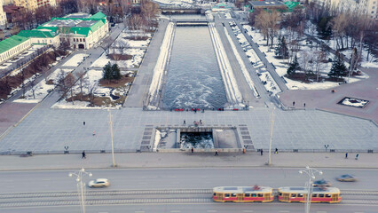 Yekaterinburg, Russia. City center. Iset River, Walking area. Early spring. Sunset time, Aerial View