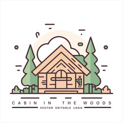 Wood cabin logo template. Cabin in the woods vector illustration. Cabin rentals logo. Chalet in the forest sticker