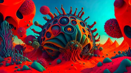 Surreal, alien landscape of a microscopic virus Generative AI