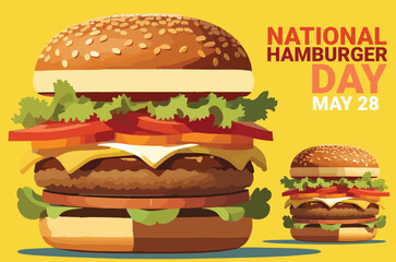 vector of two big and small hamburger with bold text to celebrate national hamburger day may 28 isolated on yellow background - obrazy, fototapety, plakaty