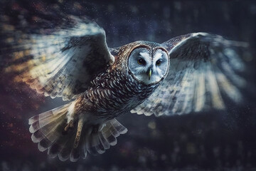 image of An owl is spreading its wings and flying in the dark. Wildlife. Birds. illustration, generative AI.