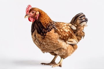Image of brown hen on white background. Farm animal. Illustration. Generative AI.