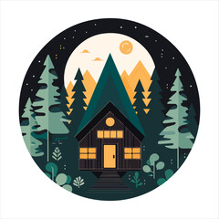 Wood cabin logo template. Cabin in the woods vector illustration. Cabin rentals logo. Chalet in the forest sticker