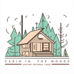 Wood cabin logo template. Cabin in the woods vector illustration. Cabin rentals logo. Chalet in the forest sticker