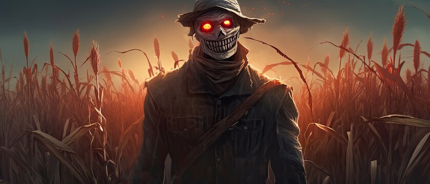 scarecrow standing in a cornfield with glowing red eyes and a sinister smile Generative AI