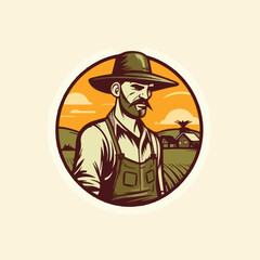 Old man farmer wearing hat vintage retro logo badge vector illustration