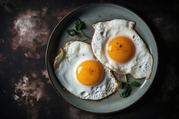 Fried Eggs on a Blue Plate Top Down View Generative Ai Breakfast Food