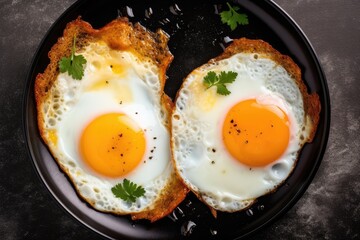 Fried Eggs in a Black Pan with Herbs Top Down View Generative Ai Breakfast Food