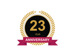 23th Anniversary Celebration. Anniversary logo design with golden color laurel wreath for birthday celebration event, invitation, greeting card, banner, poster, flyer, flyer.