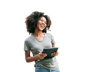 Image of young african woman, company worker in casual wear, smiling and holding digital tablet,...