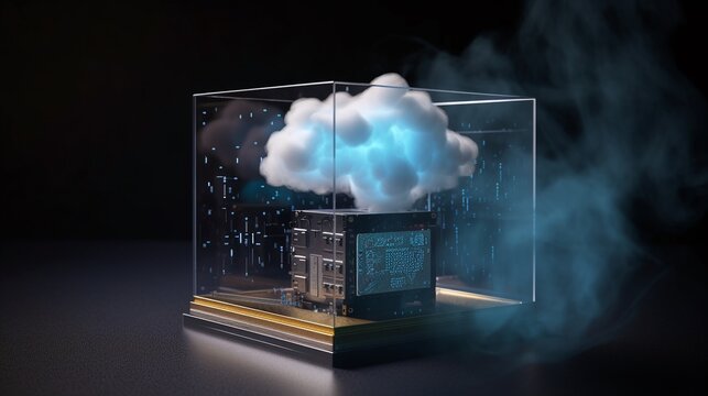 A Cloud Is In A Glass Box With A Blue Background.