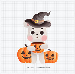 Halloween theme. polar bear wear witch hat and holding pumpkin bucket for trick or treat. cartoon character doodle illustration