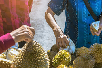 Elderly Thai female vendor ride motorcycle selling durians and fruits and vegetables to tourists at...