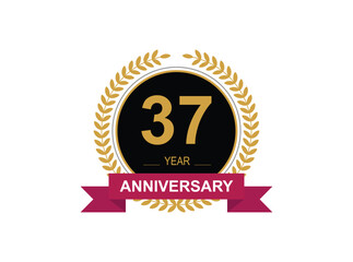 37th Anniversary Celebration. Anniversary logo design with golden color laurel wreath for birthday celebration event, invitation, greeting card, banner, poster, flyer, flyer.