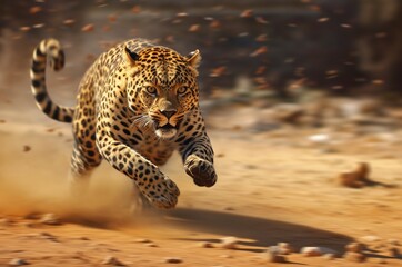 Leopardo corriendo hacia su presa a toda velocidad levantando arena - obrazy, fototapety, plakaty