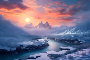 Fototapeta na wymiar Sunrise over the snow covered mountains, created using generative AI.