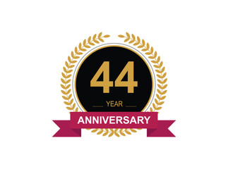 44th Anniversary Celebration. Anniversary logo design with golden color laurel wreath for birthday celebration event, invitation, greeting card, banner, poster, flyer, flyer.