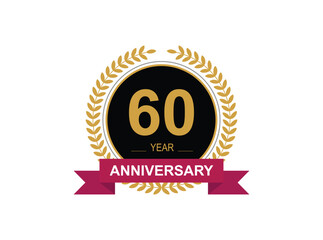 60th Anniversary Celebration. Anniversary logo design with golden color laurel wreath for birthday celebration event, invitation, greeting card, banner, poster, flyer, flyer.