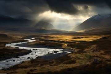 Scottish Highlands River Valley, Stunning Scenic Landscape Wallpaper, Generative AI
