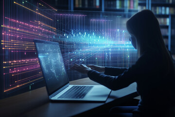 Obraz premium person typing on a laptop Data science and big data technology. Data scientist computing, Generative AI 