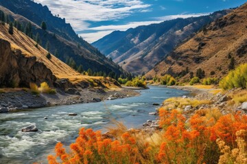 Naklejka premium Salmon River and Snake River, Idaho, Stunning Scenic Landscape Wallpaper, Generative AI 
