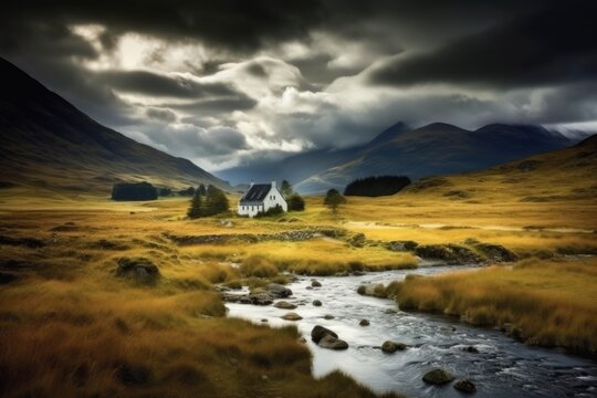 Scottish Highlands River Valley, Stunning Scenic Landscape Wallpaper, Generative AI
