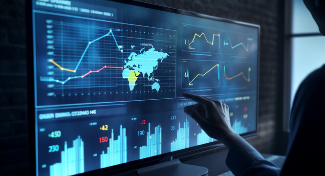  business analytics dashboard with charts, metrics and KPI to analyze performance and create insight reports for operations management on virtual screen, Generative AI	
