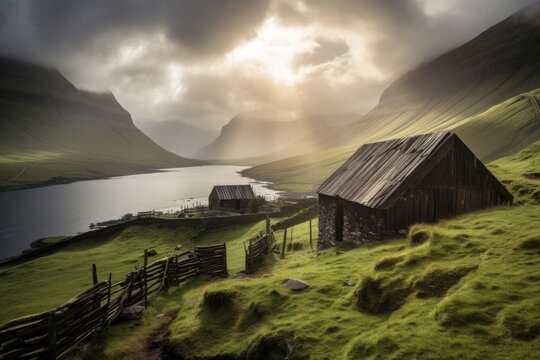 Home and Village on Faroe Islands in Denmark in Atlantic Ocean, Stunning Scenic Landscape Wallpaper, Generative AI