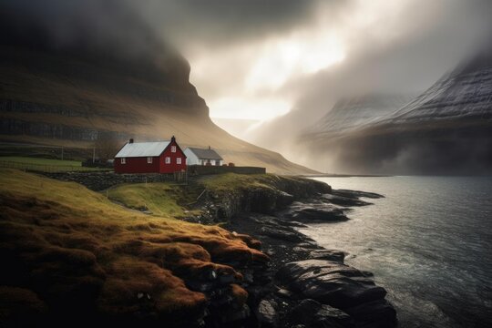 Home and Village on Faroe Islands in Denmark in Atlantic Ocean, Stunning Scenic Landscape Wallpaper, Generative AI
