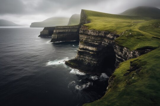 Cliffs on Faroe Islands in Denmark in Atlantic Ocean, Stunning Scenic Landscape Wallpaper, Generative AI