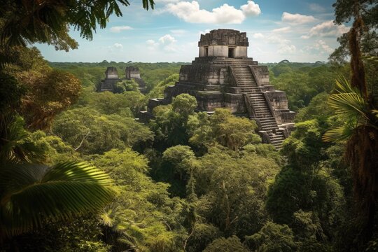 Tikal Mayan Ruins in Guatemala Central American, Stunning Scenic Seascape Wallpaper, Coral Reef and Marine Life, Generative AI