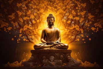 Poster glowing Lotus flowers and gold buddha statue, generative AI © Kien