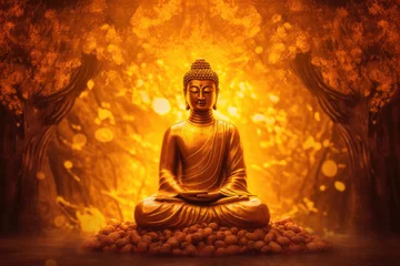 Fotobehang glowing Lotus flowers and gold buddha statue, generative AI © Kien