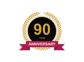 90th Anniversary Celebration. Anniversary logo design with golden color laurel wreath for birthday celebration event, invitation, greeting card, banner, poster, flyer, flyer.