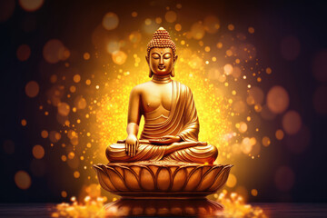 glowing Lotus flowers and gold buddha statue, generative AI
