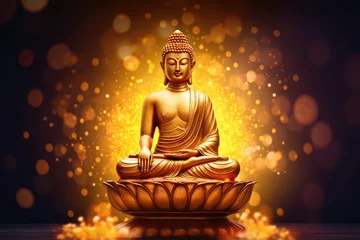 Poster glowing Lotus flowers and gold buddha statue, generative AI © Kien