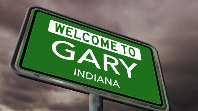 Welcome to Gary Indiana. US Road Sign With Dark Stormy Clouds in Background, Realistic 3d Animation
