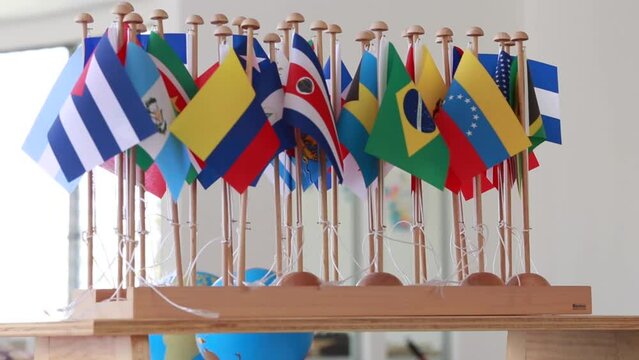 Flags of different countries of the world, in a children's Montessori classroom