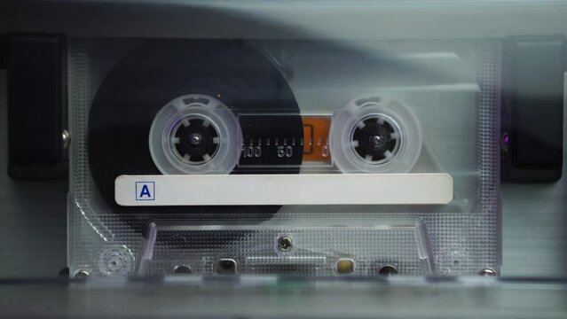 Inserting Transparent Audio Cassette Tape and Playback in Vintage Deck Player
