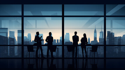Fototapeta na wymiar Vector Illustration of a Group of Professional Business People Standing by a Floor-to-Ceiling Window with a Stunning City Skyline in the Background, Featuring Reflections of the Team on the Floor