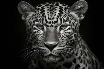 Fotografía en blanco y negro de un leopardo con los ojos verdes. Retrato.