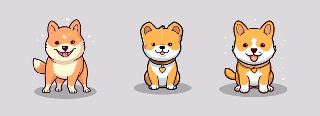 Set of cute 3 shiba inu dog cartoon character vector illustration