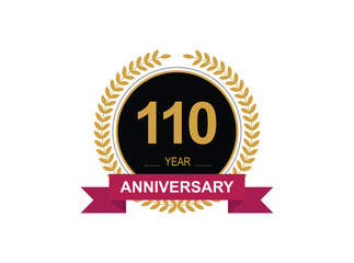 110th Anniversary Celebration. Anniversary logo design with golden color laurel wreath for birthday celebration event, invitation, greeting card, banner, poster, flyer, flyer.