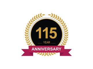 115th Anniversary Celebration. Anniversary logo design with golden color laurel wreath for birthday celebration event, invitation, greeting card, banner, poster, flyer, flyer.