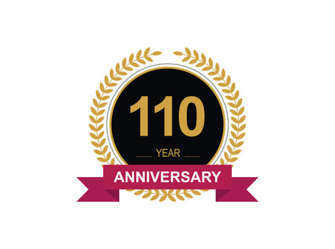 110th Anniversary Celebration. Anniversary logo design with golden color laurel wreath for birthday celebration event, invitation, greeting card, banner, poster, flyer, flyer.