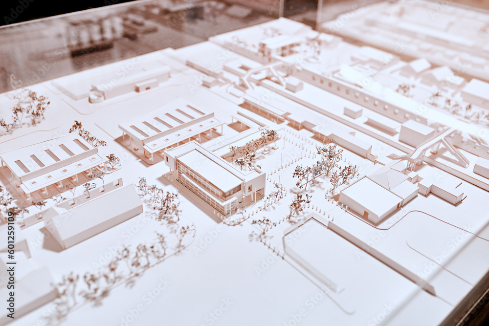 Aufkleber Office, plan and model with architecture for remodeling project of design with buildings and construction. Blueprint, workplace and real estate idea for company with strategy to start up company.