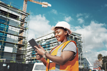 Outdoor, business an black woman with a tablet, construction site and update schedule for new project. Female person, employee or inspector with technology, check progress or architecture with growth