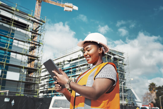 Outdoor, Business An Black Woman With A Tablet, Construction Site And Update Schedule For New Project. Female Person, Employee Or Inspector With Technology, Check Progress Or Architecture With Growth